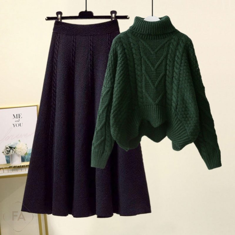ダークグリーン/セーター+ブラック/スカート