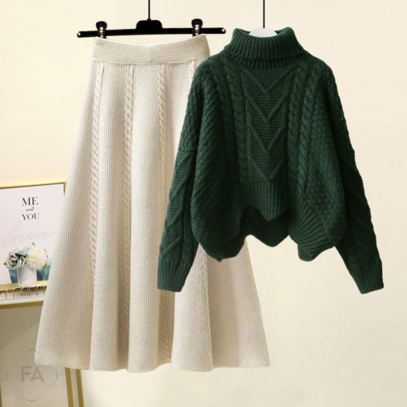 ダークグリーン/セーター+アプリコット/スカート