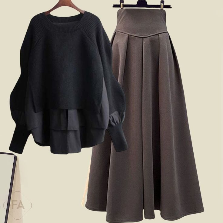 ブラック/ニット.セーター＋コーヒー/スカート