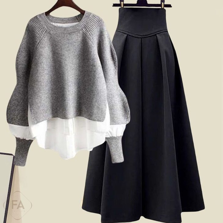グレー/ニット.セーター＋ブラック/スカート